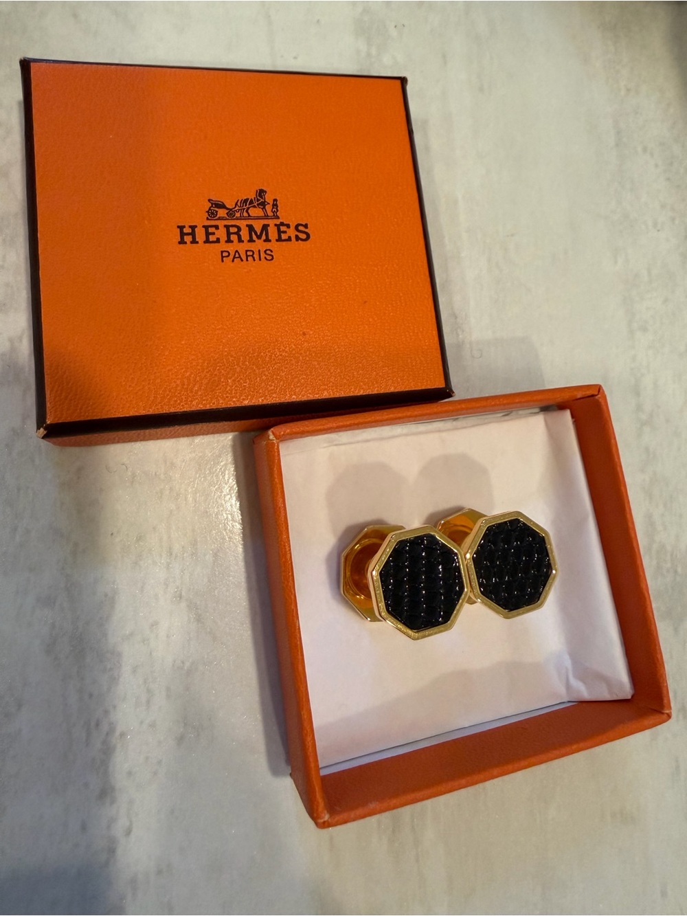 Hermes Black and Gold Octagon Cuff Links